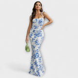 Thalia - Bloemenprint Prom Jurk met Geknoopte Schouderbanden