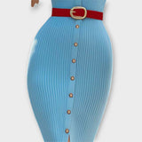 Sina - Chic Babyblauw Ribbels Bleistiftjurk