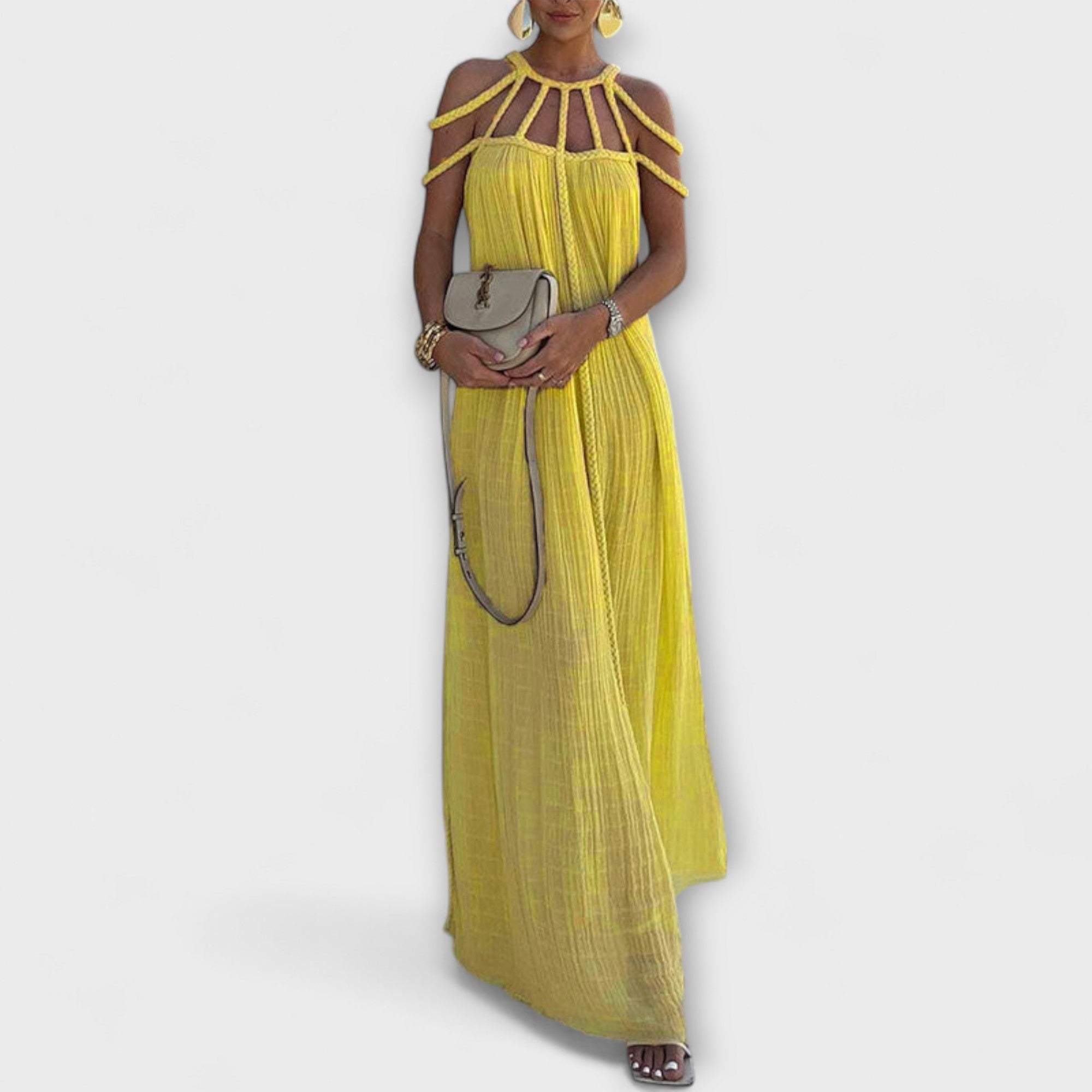 Briar - Een chique maxidress van gemengde stoffen met gedrapeerde vlechten
