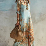 Mara™ | Lange Zomerjurk met Print en Overhemdkraag