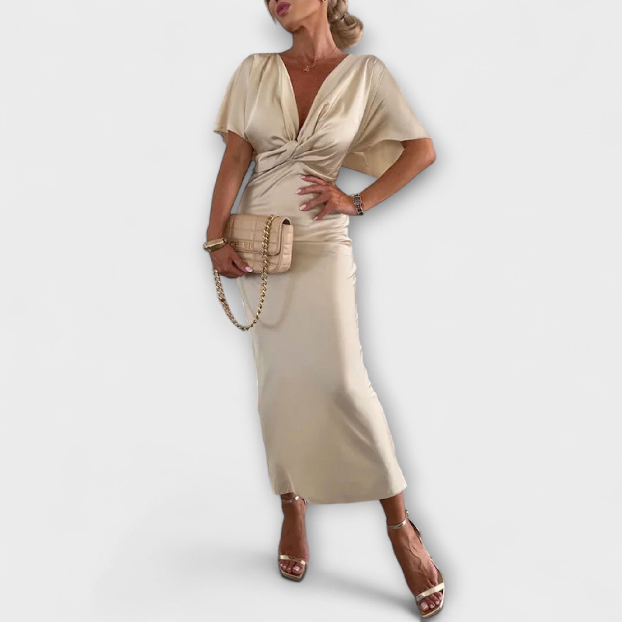 Sable - Solide Satijnen V-Hals Knoop Slim Fit Maxi Jurk