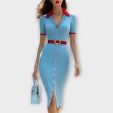 Sina - Chic Babyblauw Ribbels Bleistiftjurk