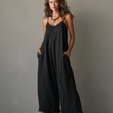 Inés™ | Ruimvallende Zwarte Jumpsuit met Wijde Pijpen en Zakken