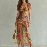 Ciel | Rüschensleeve Rimpel Split Midi Jurk