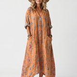 Remi | Notch Hals Gedrukt Oversized Pocket Midi Jurk