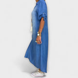 Lea - Lange Denim-Look Jurk met Zijsplit