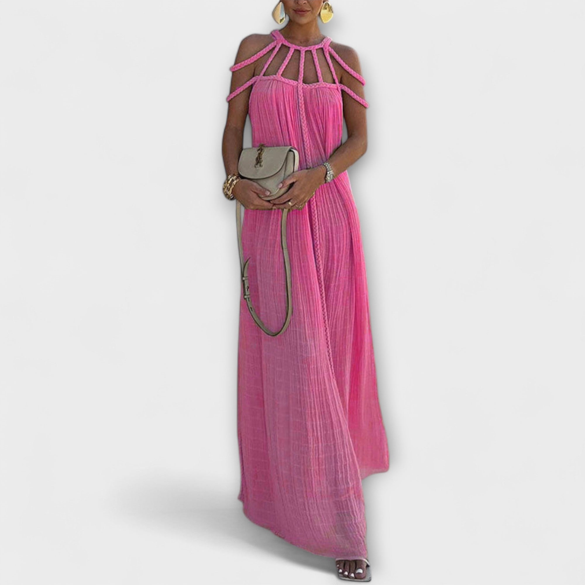 Briar - Een chique maxidress van gemengde stoffen met gedrapeerde vlechten