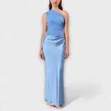 Elegante Een-Schouder Plissé Maxi Jurk