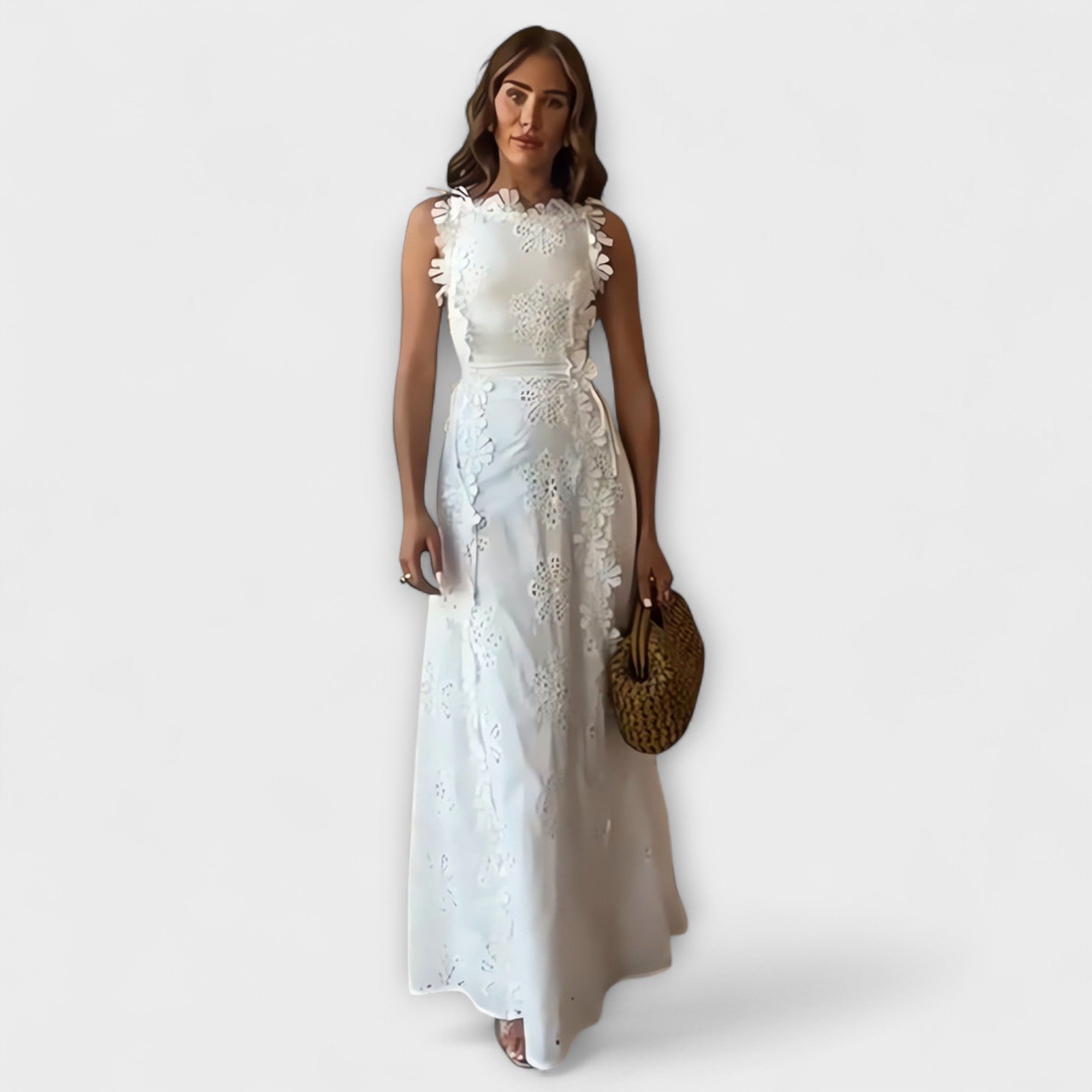 Éliora – Maxidress met kantbloemenpatroon en bindgordels
