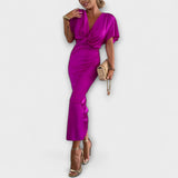 Sable - Solide Satijnen V-Hals Knoop Slim Fit Maxi Jurk