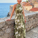 Olivia | Midi-jurk met geplooide taille en abstracte print