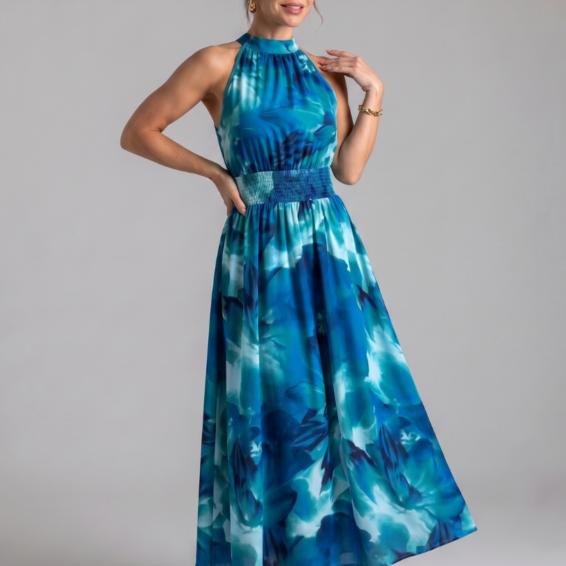 Olivia | Midi-jurk met geplooide taille en abstracte print