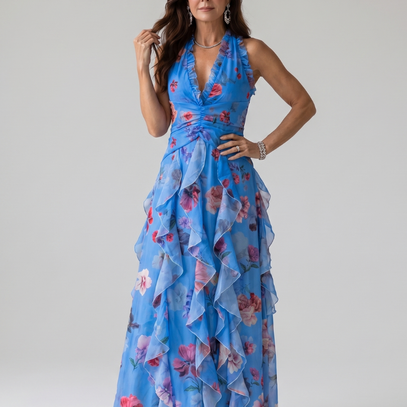 Nori | Halterneck Rüschentop Floral Maxikleed