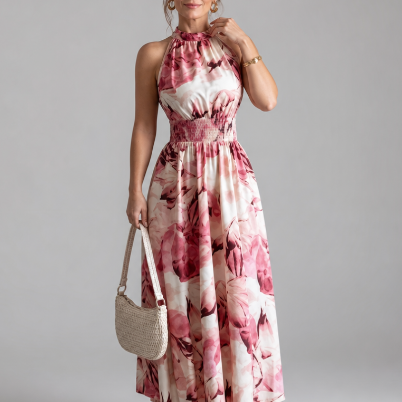 Olivia | Midi-jurk met geplooide taille en abstracte print