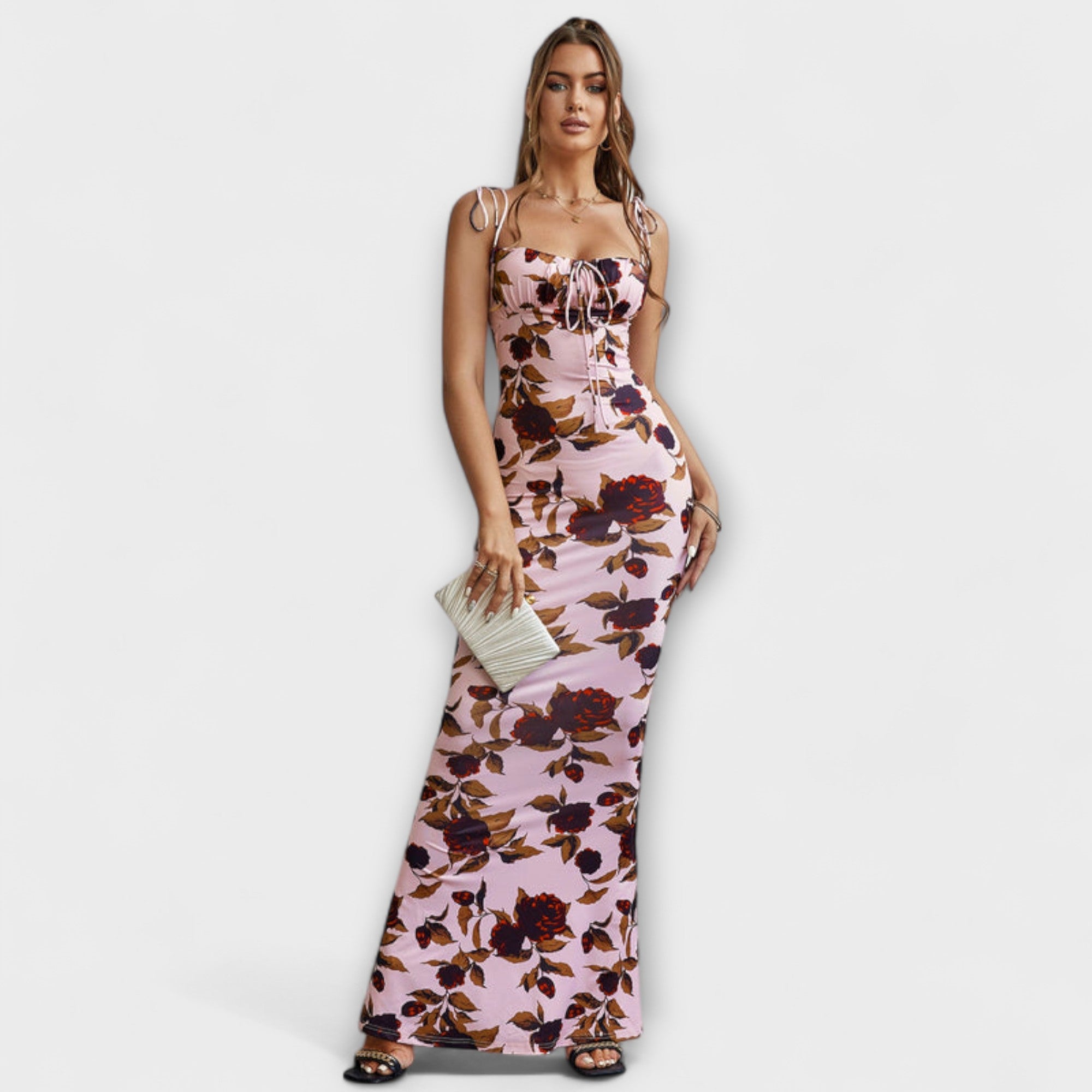 Thalia - Bloemenprint Prom Jurk met Geknoopte Schouderbanden