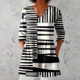 Sophie | Lange Blouse van Linnen met Grafisch Streep-Patchwork