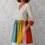 Valérie | Lange blouse van linnen met stippen en color-block inzetstukken