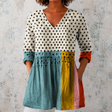 Valérie | Lange blouse van linnen met stippen en color-block inzetstukken