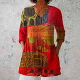 Lucie | Lange Blouse van Linnen met Abstract Kunstprint
