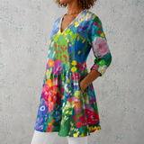 Maëlle | Lange blouse van linnen met aquarel bloemenpatroon