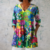 Maëlle | Lange blouse van linnen met aquarel bloemenpatroon