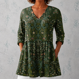 Julie | Lange Blouse van Linnen met Botanisch Wandtapijtpatroon