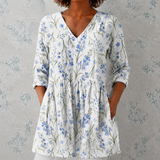 Jeanne | Lange linnen blouse met aquarel bloemenboeketten