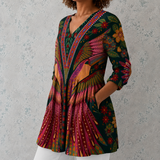 Manon™ | Lange Blouse van Linnen met Etnische Boheemse Print