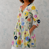 Louise | Lange Blouse van Linnen met Handgeschilderd Bloemenpatroon op Stelen