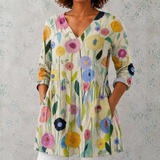 Louise | Lange Blouse van Linnen met Handgeschilderd Bloemenpatroon op Stelen