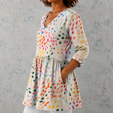 Pauline | Lange Blouse van Linnen met Kleurrijke Aquarelpunten