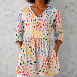Pauline | Lange Blouse van Linnen met Kleurrijke Aquarelpunten