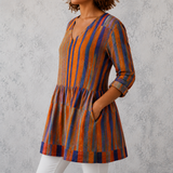 Nadia | Lange blouse van linnen met contrasterende verticale strepen