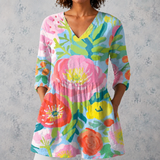 Hélène | Lange blouse van linnen met grote geschilderde bloemen