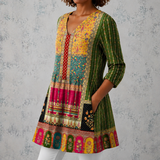 Émilie | Lange blouse van linnen met bohemian patchworkpatroon en versierde randen