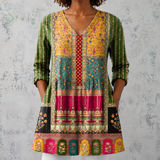 Émilie | Lange blouse van linnen met bohemian patchworkpatroon en versierde randen