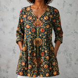 Céline | Lange blouse van linnen met vintage bloemenbehangpatroon