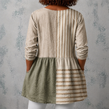 Camille™ | Lange Blouse van Linnen met Patchwork van Strepen en Effen Vakken