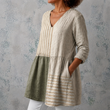 Camille™ | Lange Blouse van Linnen met Patchwork van Strepen en Effen Vakken
