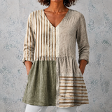 Camille™ | Lange Blouse van Linnen met Patchwork van Strepen en Effen Vakken