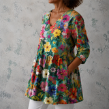 Nora | Lange Blouse van Linnen met Bloemig Tuinpatroon