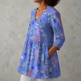 Aline | Lange Linnenblouse met Bloemenweide- en Vlinderprint