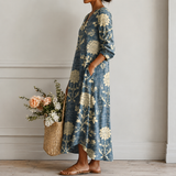 Margriet™ | Boho Midi-jurk Blauw met Botanisch Bloemenpatroon