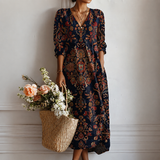 Trix™ | Boho Jurk Marineblauw met Oosters Bloemenpatroon