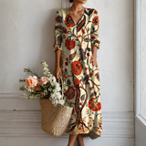 Roos™ | Boho Jurk Crème met Folkloristisch Bloemenpatroon