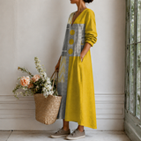 Saar™ | Boho Jurk Geel-Grijs met Patchwork