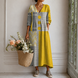 Saar™ | Boho Jurk Geel-Grijs met Patchwork