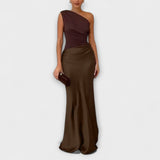 Elegante Eén-Schouder Plissé Maxi Jurk