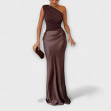 Elegante Een-Schouder Plissé Maxi Jurk
