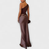 Elegante Een-Schouder Plissé Maxi Jurk